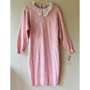 Maggie Lawrence Sz M Vintage Retro Pastel Pink Collared Sweater Dress Maxi